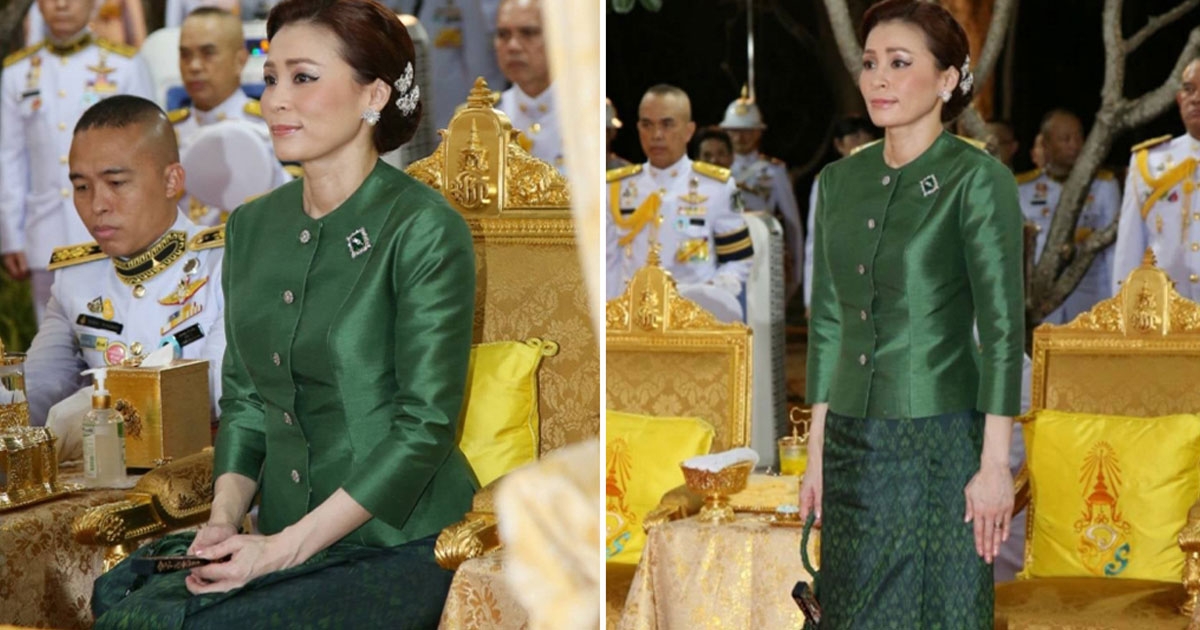 งดงาม ฉลองพระองค์ พระราชินี ทรงชุดผ้าไหมพื้นเรียบสีเขียวต้นเกด