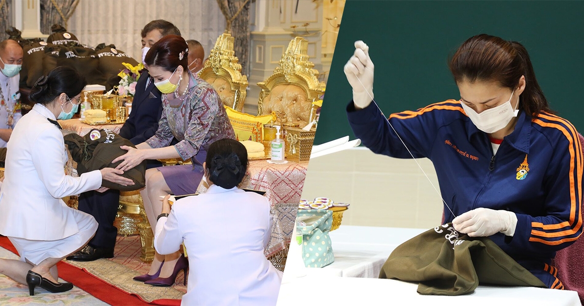 พระราชินี ทรงออกแบบเข็มกลัด ลูกโป่งเหลือง-ม่วง ทรงเย็บติดถุงพระราชทาน