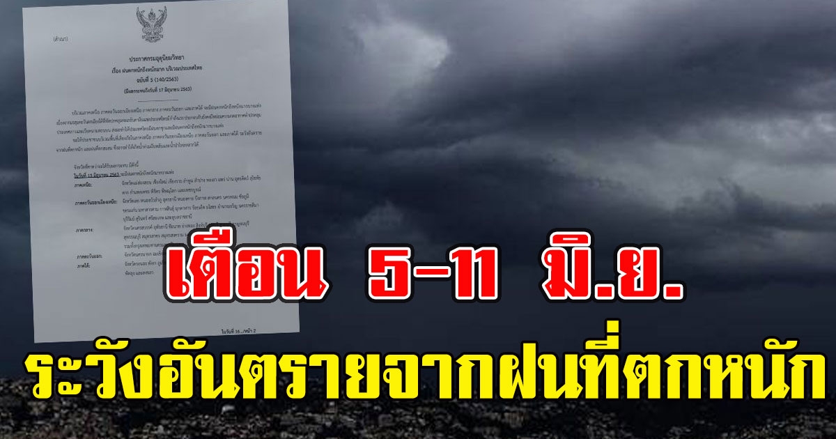 กรมอุตุฯ เตือน 5 - 11 มิ.ย. ให้ระวังอันตรายจากฝนที่ตกหนัก