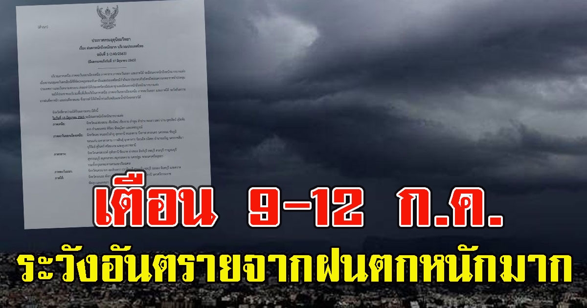 กรมอุตุฯ เตือน 9-12 ก.ค. ให้ระวังอันตรายจากฝนตกหนักมาก