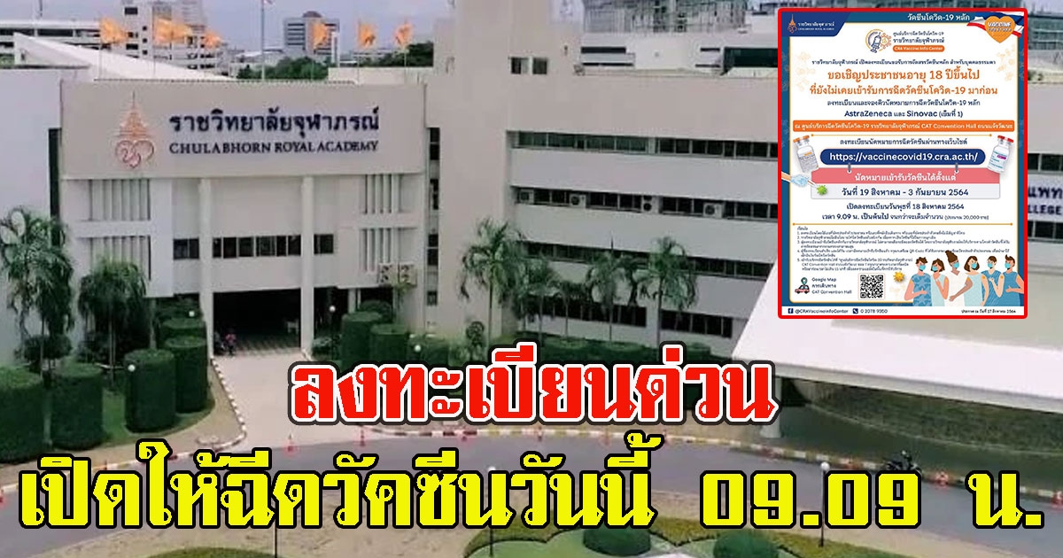 ลงทะเบียนด่วน ราชวิทยาลัยจุฬาภรณ์ เปิดให้ฉีด AstraZeneca วันนี้ 09.09 น.