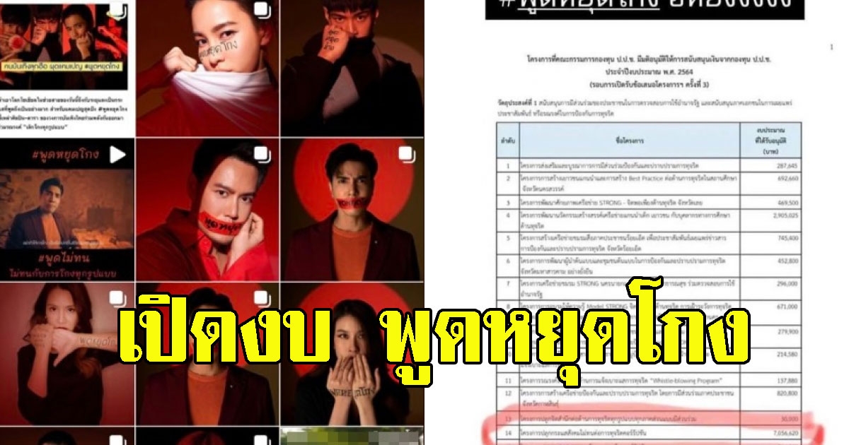 เปิดงบ พูดหยุดโกง จากกองทุน ป.ป.ช. ดาราทยอยรีบลบภาพรัวๆ