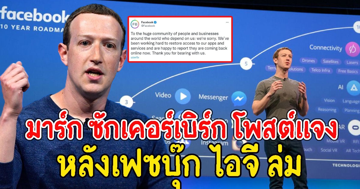 มาร์ก ซักเคอร์เบิร์ก CEO โพสต์แจง เฟซบุ๊ก ไอจี ล่มนานกว่า 6 ชั่วโมง