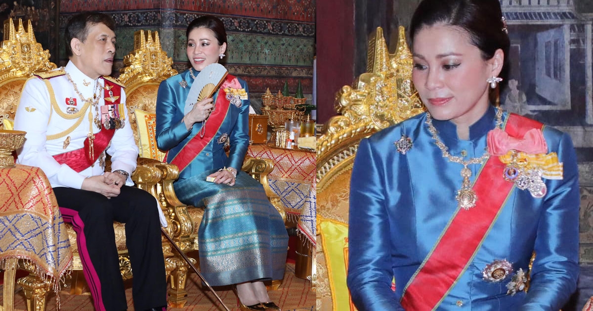งดงาม พระราชินี ฉลองพระองค์ผ้าไหมยกดอกลายเกล็ดแก้วถมเกสร