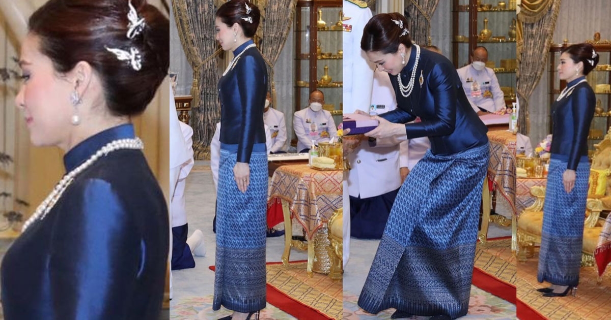 พระราชินี ทรงฉลองพระองค์ผ้าไหมยกดอกลำพูนลายขอเจ้าฟ้าสิริวัณณวรี
