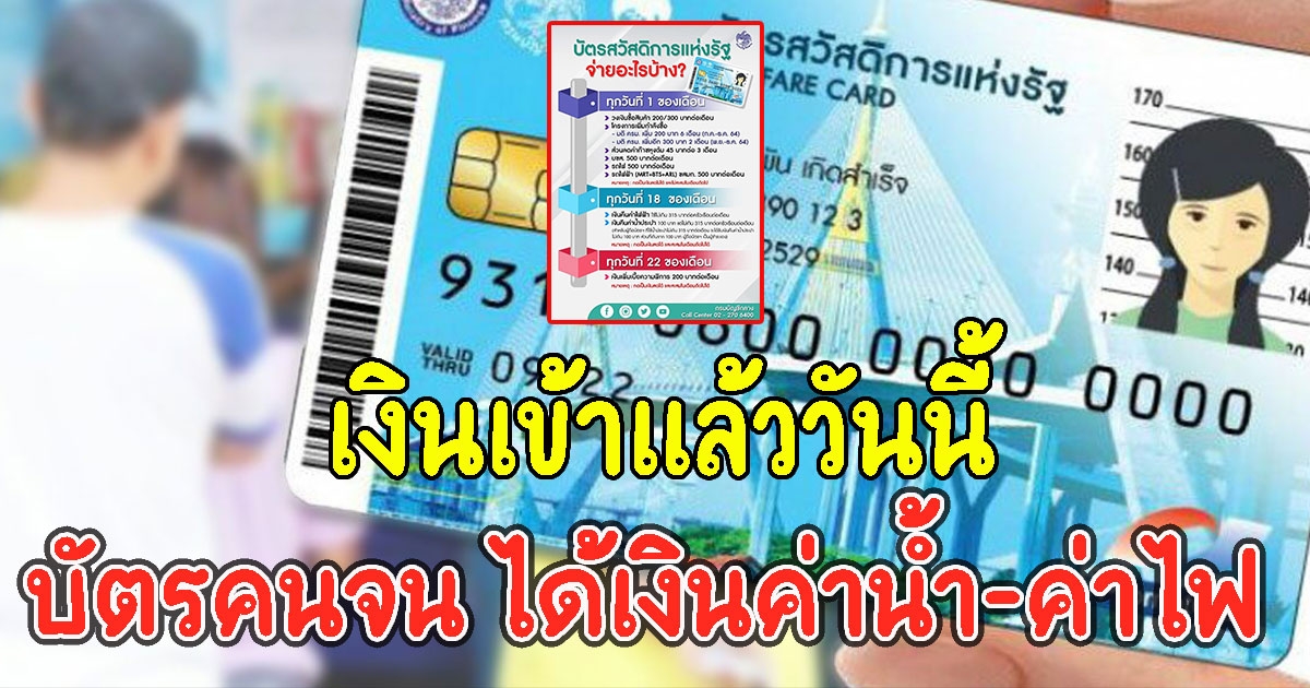 เงินเข้าแล้ววันนี้ บัตรคนจน ได้เงินค่าน้ำ-ค่าไฟ