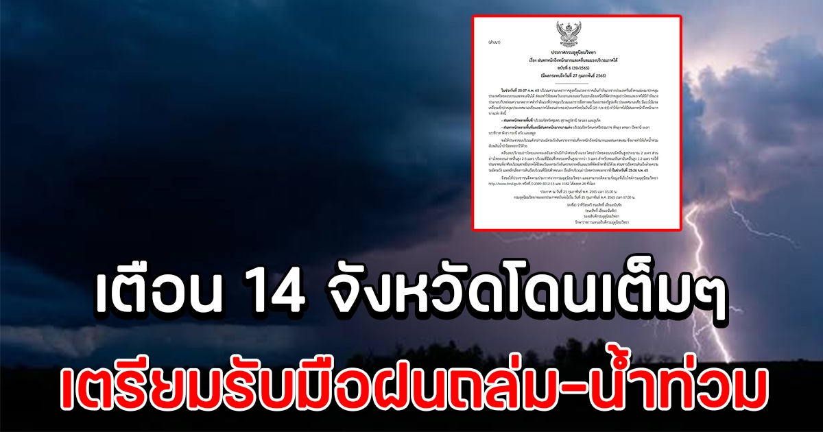 กรมอุตุฯ ประกาศฉบับ 6 เตือน 14 จังหวัด เตรียมรับมือ