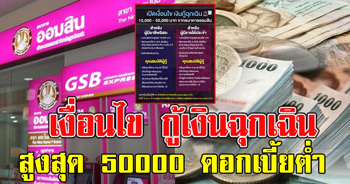 ไม่ยุ่งยากเงื่อนไข กู้เงินฉุกเฉิน ธนาคารออมสินวงเงินสูงสุด 50000 ดอกเบี้ยต่ำ