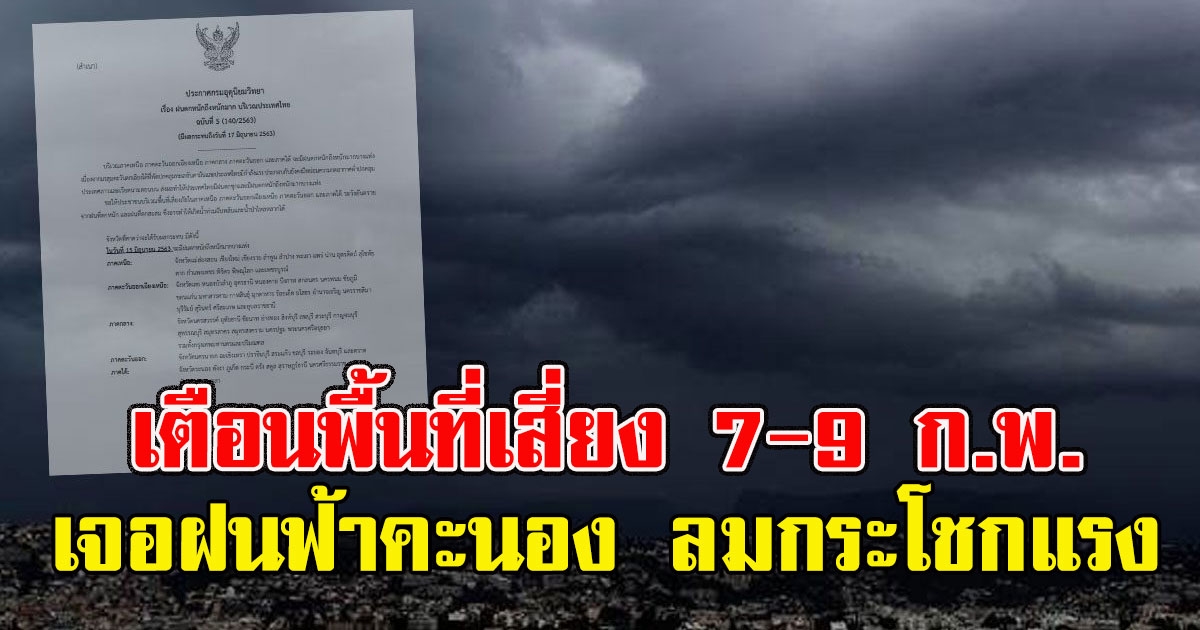 อุตุฯ เตือนพื้นที่เสี่ยง 7-9 ก.พ. เจอฝนฟ้าคะนอง ลมกระโชกแรง