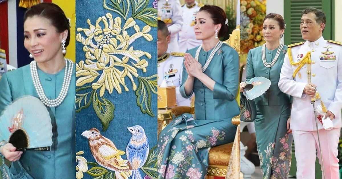 พระราชินี ฉลองพระองค์ ชุดไทยเรือนต้น ผ้าไหมสีเขียวไข่ครุฑ